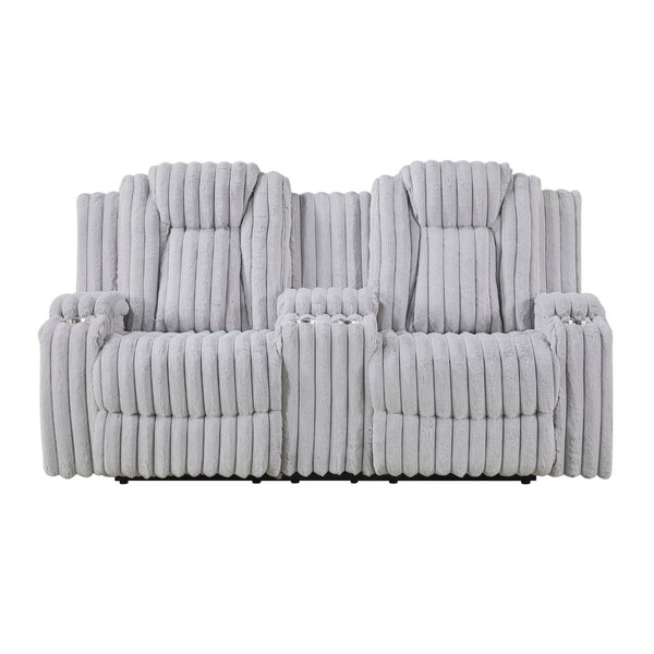 English Elm Light Gray Corduroy Reclining Loveseat with Console Storage and Four Cup Holders B011P501906