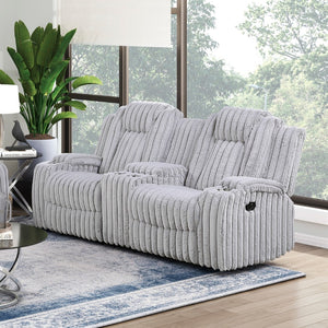 English Elm Light Gray Corduroy Reclining Loveseat with Console Storage and Four Cup Holders B011P501906