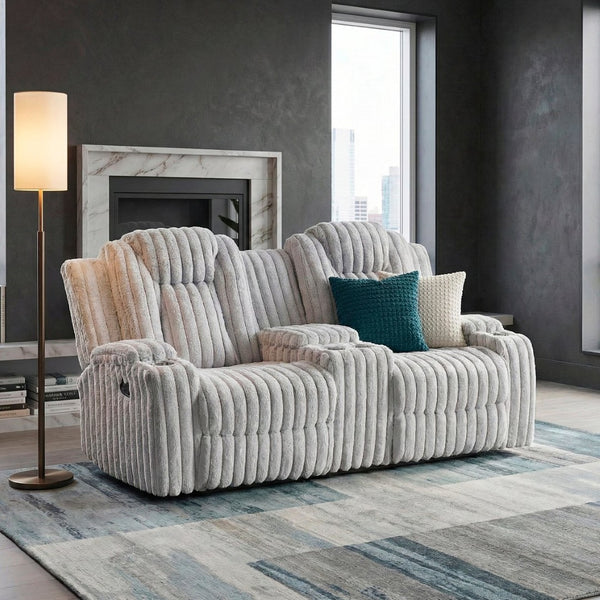 English Elm Light Gray Corduroy Reclining Loveseat with Console Storage and Four Cup Holders B011P501906