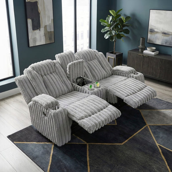 English Elm Light Gray Corduroy Reclining Loveseat with Console Storage and Four Cup Holders B011P501906