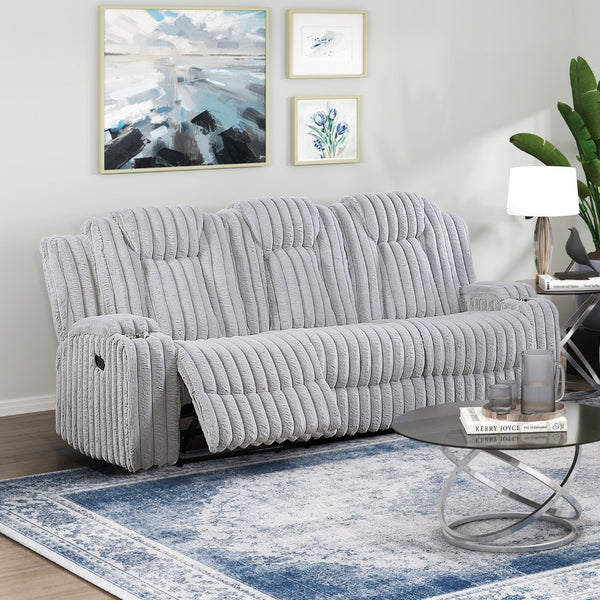 English Elm Light Gray Corduroy Reclining Sofa with Pocket Coil Support and Wall Hugger Design B011P501907
