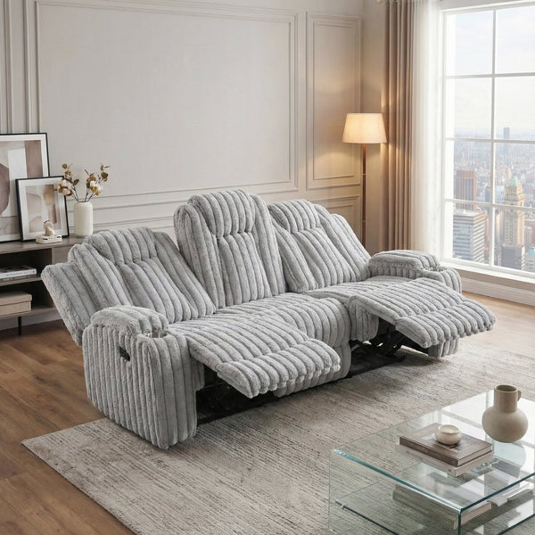 English Elm Light Gray Corduroy Reclining Sofa with Pocket Coil Support and Wall Hugger Design B011P501907