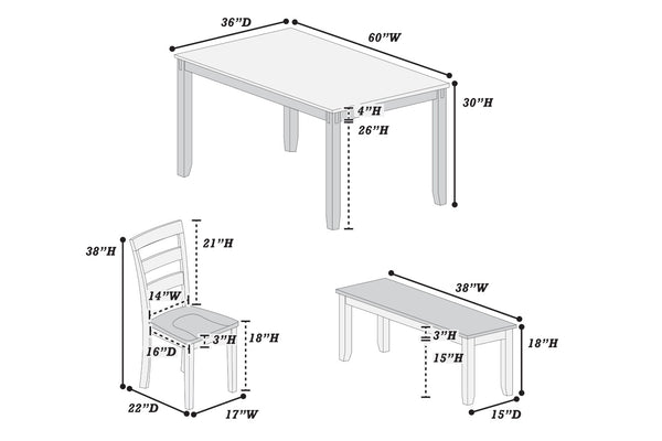 English Elm Contemporary Six Piece Rubberwood Dining Set with Slatted Chairs and Bench for Family Rooms B011P504985