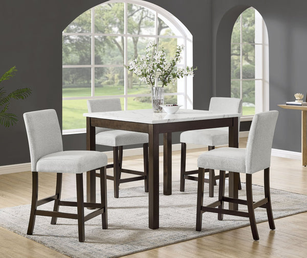 English Elm 5pc Counter Height Set Square Faux Marble Table Tufted Grey Velvet Chairs B011P507715