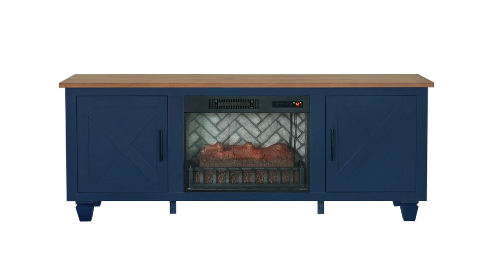 English Elm 1pc Mid-century Media Console with Electric Fireplace Louvered Doors Blue Lacquer B011P521828