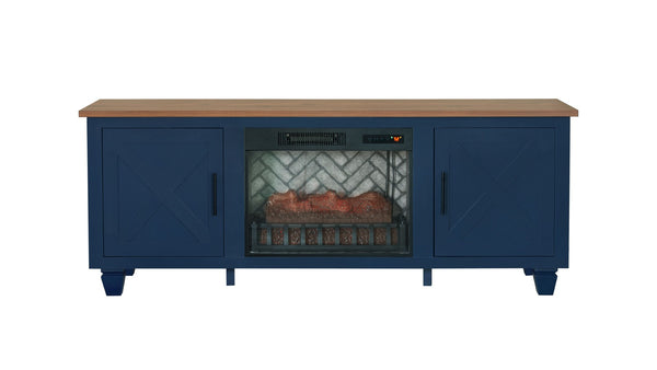English Elm 1pc Mid-century Media Console with Electric Fireplace Louvered Doors Blue Lacquer B011P521828