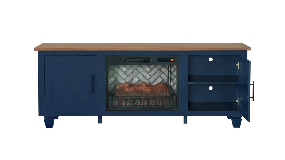 English Elm 1pc Mid-century Media Console with Electric Fireplace Louvered Doors Blue Lacquer B011P521828