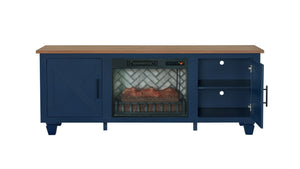 English Elm 1pc Mid-century Media Console with Electric Fireplace Louvered Doors Blue Lacquer B011P521828