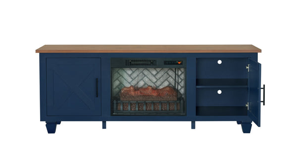 English Elm 1pc Mid-century Media Console with Electric Fireplace Louvered Doors Blue Lacquer B011P521828