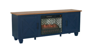 English Elm 1pc Mid-century Media Console with Electric Fireplace Louvered Doors Blue Lacquer B011P521828