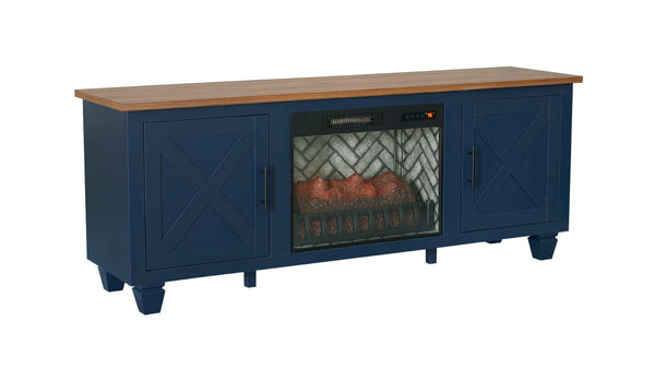 English Elm 1pc Mid-century Media Console with Electric Fireplace Louvered Doors Blue Lacquer B011P521828