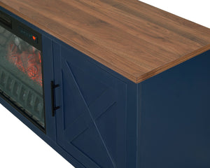 English Elm 1pc Mid-century Media Console with Electric Fireplace Louvered Doors Blue Lacquer B011P521828