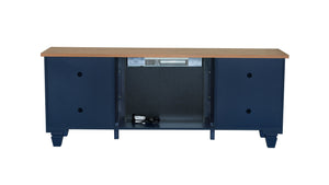 English Elm 1pc Mid-century Media Console with Electric Fireplace Louvered Doors Blue Lacquer B011P521828