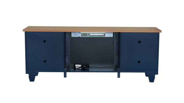 English Elm 1pc Mid-century Media Console with Electric Fireplace Louvered Doors Blue Lacquer B011P521828