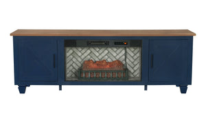 English Elm 1Pc Mid-Century Blue Media Console with Electric Fireplace Ember Flame Louvered Cabinet B011P521832