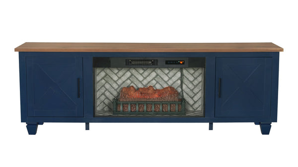 English Elm 1Pc Mid-Century Blue Media Console with Electric Fireplace Ember Flame Louvered Cabinet B011P521832
