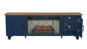 English Elm 1Pc Mid-Century Blue Media Console with Electric Fireplace Ember Flame Louvered Cabinet B011P521832