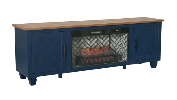 English Elm 1Pc Mid-Century Blue Media Console with Electric Fireplace Ember Flame Louvered Cabinet B011P521832