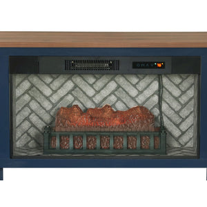 English Elm 1Pc Mid-Century Blue Media Console with Electric Fireplace Ember Flame Louvered Cabinet B011P521832