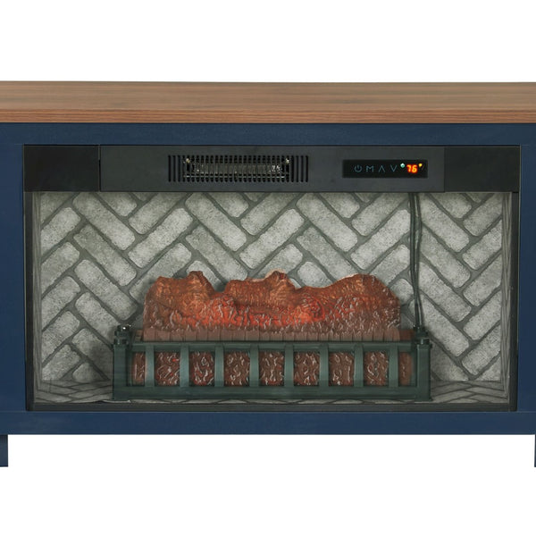 English Elm 1Pc Mid-Century Blue Media Console with Electric Fireplace Ember Flame Louvered Cabinet B011P521832