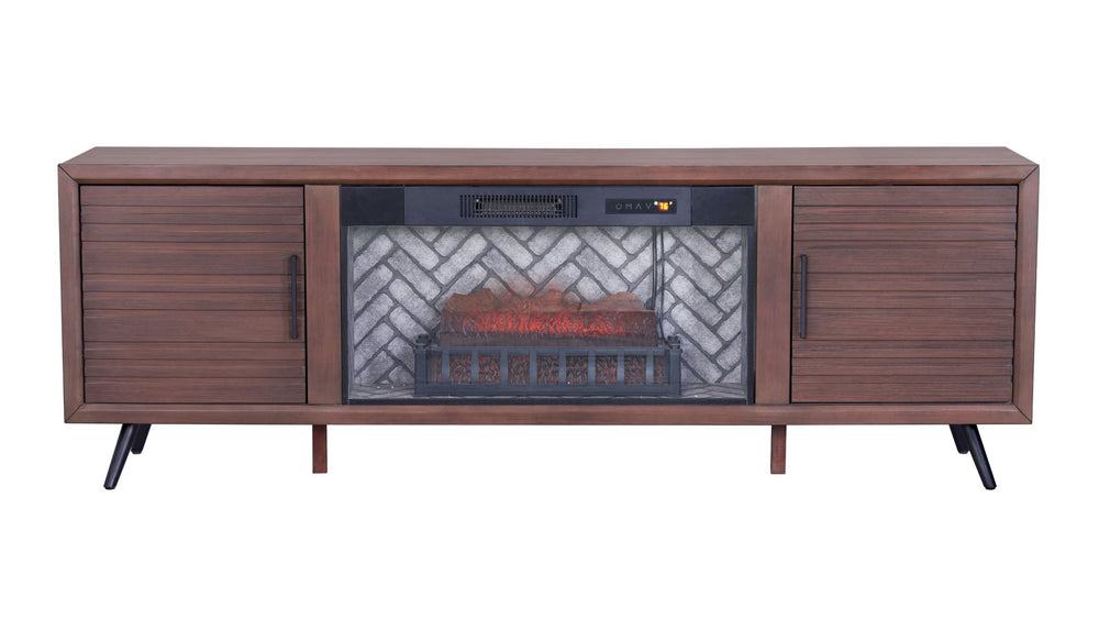 English Elm 1Pc Mid-Century Media Console with Built-In Electric Fireplace Warm Brown Louvered Cabinet B011P521833