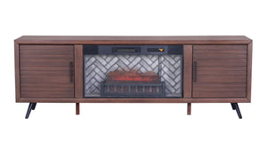 English Elm 1Pc Mid-Century Media Console with Built-In Electric Fireplace Warm Brown Louvered Cabinet B011P521833