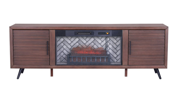 English Elm 1Pc Mid-Century Media Console with Built-In Electric Fireplace Warm Brown Louvered Cabinet B011P521833