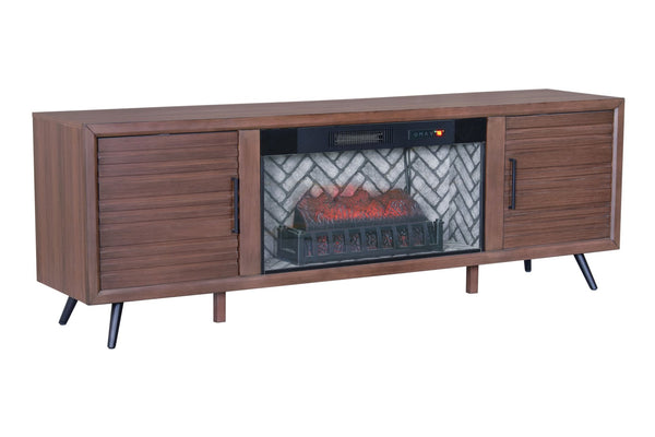 English Elm 1Pc Mid-Century Media Console with Built-In Electric Fireplace Warm Brown Louvered Cabinet B011P521833