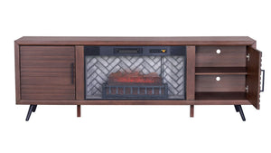 English Elm 1Pc Mid-Century Media Console with Built-In Electric Fireplace Warm Brown Louvered Cabinet B011P521833