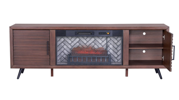 English Elm 1Pc Mid-Century Media Console with Built-In Electric Fireplace Warm Brown Louvered Cabinet B011P521833