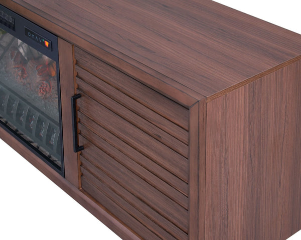 English Elm 1Pc Mid-Century Media Console with Built-In Electric Fireplace Warm Brown Louvered Cabinet B011P521833