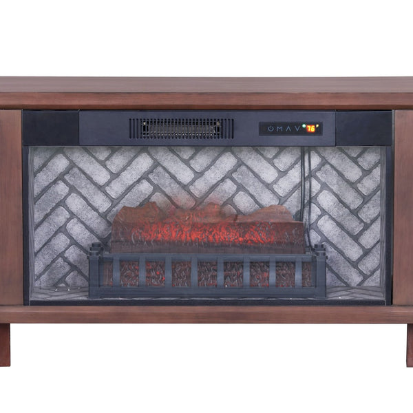 English Elm 1Pc Mid-Century Media Console with Built-In Electric Fireplace Warm Brown Louvered Cabinet B011P521833
