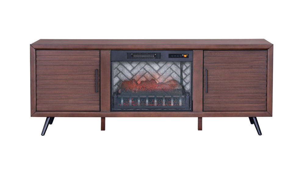 English Elm Brown Mid-century Media Console with Built-in Electric Fireplace and Louvered Doors B011P521834