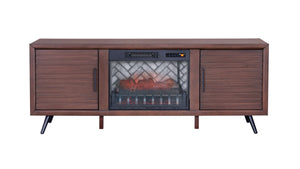 English Elm Brown Mid-century Media Console with Built-in Electric Fireplace and Louvered Doors B011P521834