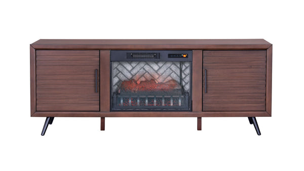 English Elm Brown Mid-century Media Console with Built-in Electric Fireplace and Louvered Doors B011P521834