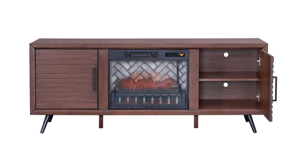 English Elm Brown Mid-century Media Console with Built-in Electric Fireplace and Louvered Doors B011P521834
