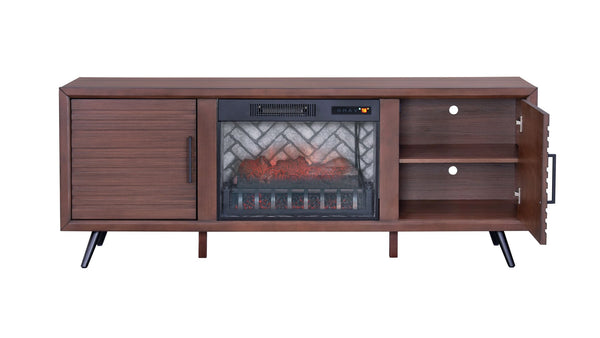 English Elm Brown Mid-century Media Console with Built-in Electric Fireplace and Louvered Doors B011P521834