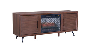 English Elm Brown Mid-century Media Console with Built-in Electric Fireplace and Louvered Doors B011P521834