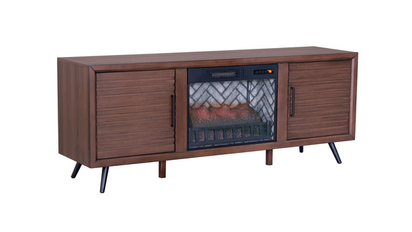 English Elm Brown Mid-century Media Console with Built-in Electric Fireplace and Louvered Doors B011P521834