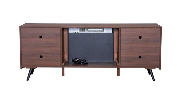 English Elm Brown Mid-century Media Console with Built-in Electric Fireplace and Louvered Doors B011P521834