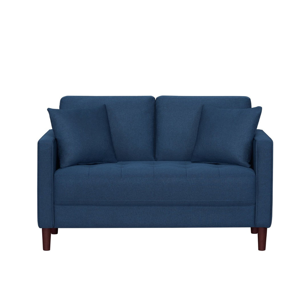 English Elm Contemporary Button Tufted Loveseat with Plush Cushions and Brown Finish Legs Blue B011P521836
