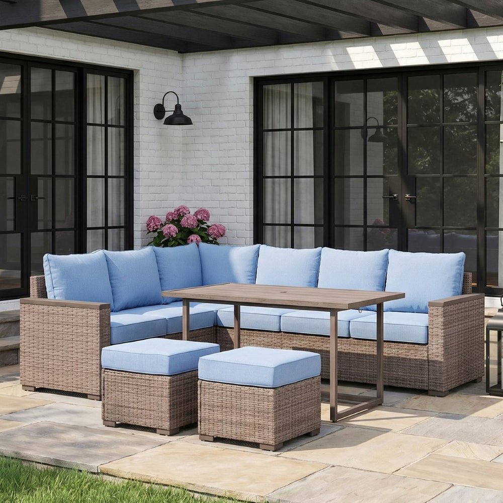 English Elm Elegant Resort Style Wicker Patio Sectional with Ottomans and Convertible Height Table B011P522882