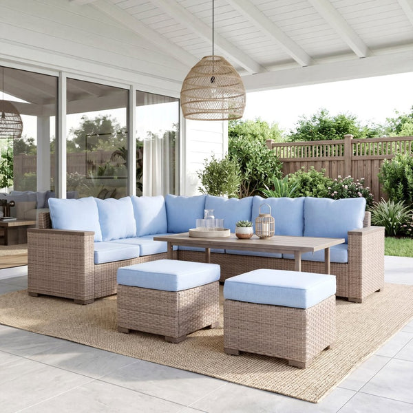 English Elm Elegant Resort Style Wicker Patio Sectional with Ottomans and Convertible Height Table B011P522882