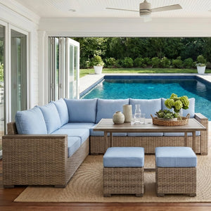 English Elm Elegant Resort Style Wicker Patio Sectional with Ottomans and Convertible Height Table B011P522882