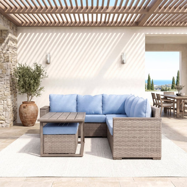 English Elm Elegant Resort Style Wicker Patio Sectional with Ottomans and Convertible Height Table B011P522882