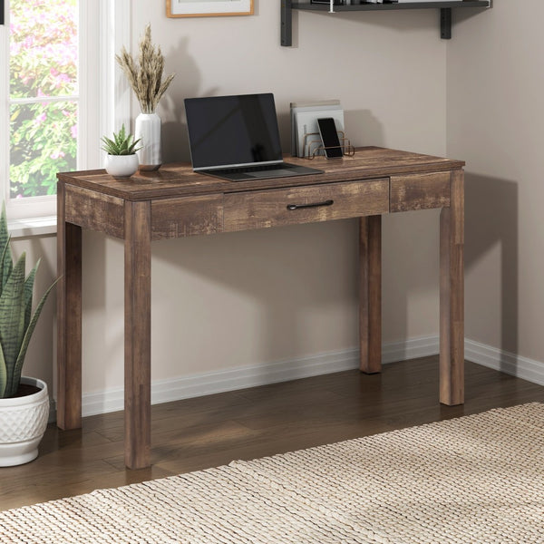 English Elm 1pc Contemporary Home Office Writing Desk Built-in Power Outlet Dovetail Drawer Study Rustic Brown B011P526021