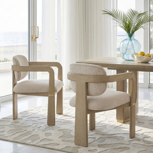 English Elm Modern Scandinavian Rubberwood Dining Arm Chairs Set of Two Beige Upholstered Seats B011P530540