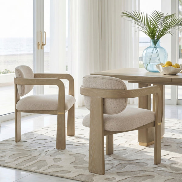English Elm Modern Scandinavian Rubberwood Dining Arm Chairs Set of Two Beige Upholstered Seats B011P530540
