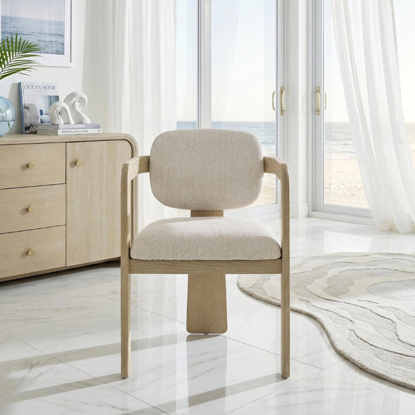 English Elm Modern Scandinavian Rubberwood Dining Arm Chairs Set of Two Beige Upholstered Seats B011P530540