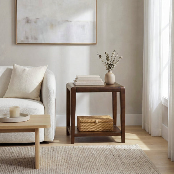 English Elm 1pc Walnut Veneer Two-tier End Table Open Shelf Wraparound Legs Living Room Side B011P532086